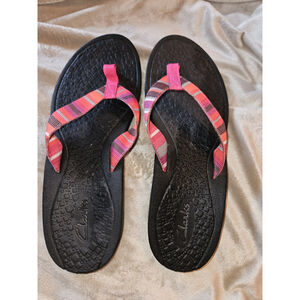 Clarks Black Sandal Flip-Flops with Pink and Orange Striped Straps